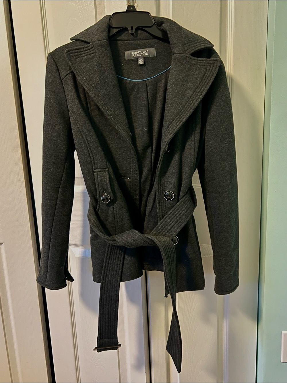 Kenneth Cole Reaction Dark Gray Double-Breasted Belted Pea Coat